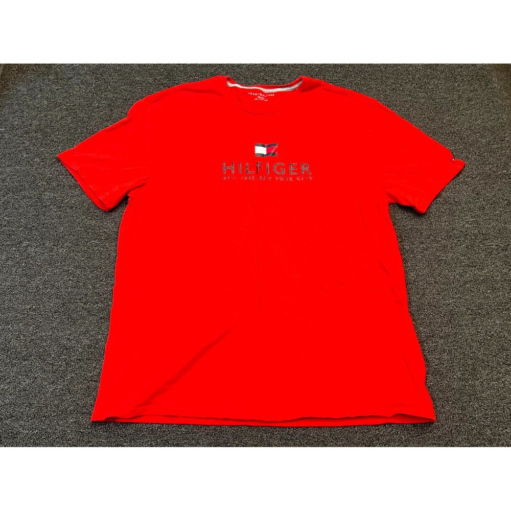 Tommy Hilfiger T-Shirt Mens 2XL Vibrant Red Casual Crew Neck Flag Logo Pullover
